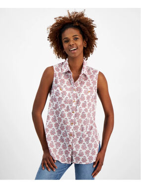 Nautica Jeans Size Small Sleeveless Button Down Paisley Shirt White & Pink NWT